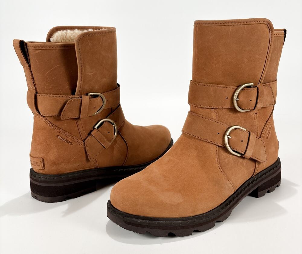 ECU Women’s Sorel Lennox Moto Cozy Boots Fur lined Leather Waterproof Tan Size 8
